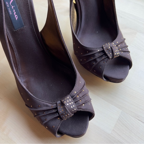 NINA New York Dark Brown Bronze Rhinestones Open Toe Heels Sandals Shoes size 10 - Picture 2 of 12